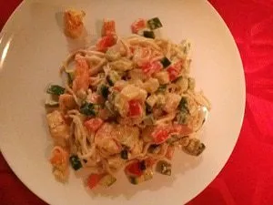 Japanse noedels met pittige gamba’s en mascarpone