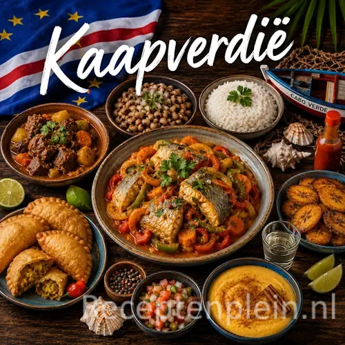 Kaapverdische keuken met cachupa, visgerechten, rijst en traditionele gerechten uit Kaapverdië op een rustieke houten tafel