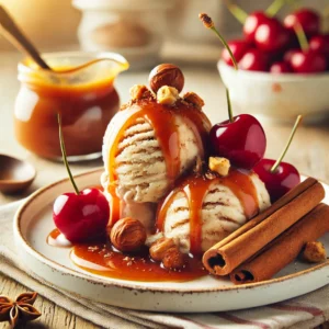 Kaneeltoetje met Karamelsaus en Warme Kersen