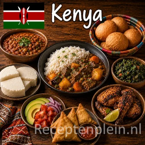 Keniaanse keuken met ugali, nyama choma, stoofgerechten en traditionele gerechten uit Kenia op een rustieke houten tafel