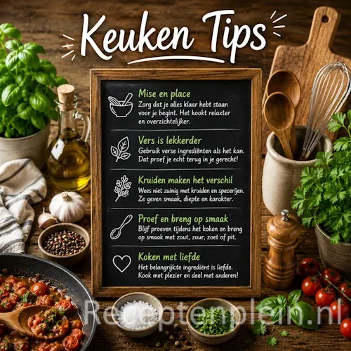 Keuken tips met kookgerei, ingrediënten en handige kookadviezen op een houten werkblad