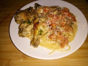 Kipvleugels in balsamicoazijn met spaghetti