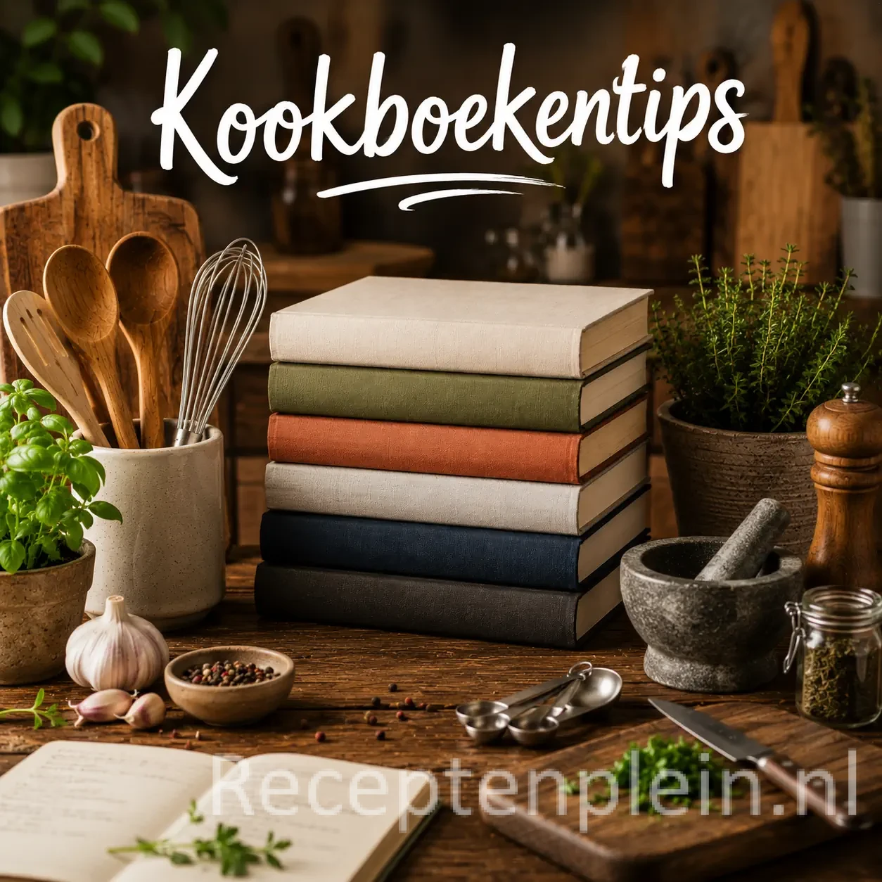 Kookboekentips met diverse kookboeken, recepten en aanbevolen kookboeken op een houten tafel