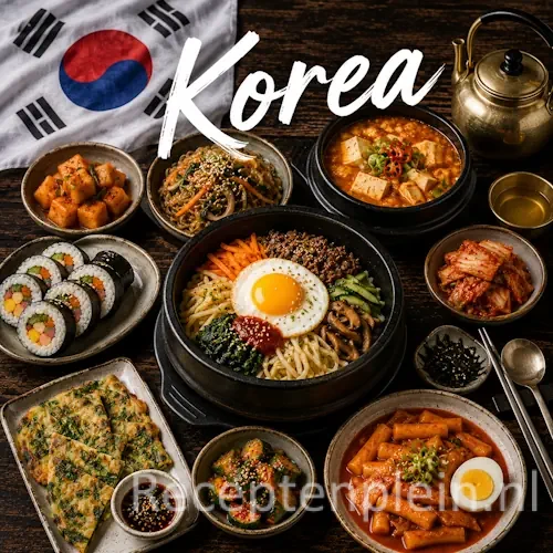 Koreaanse keuken met kimchi, bibimbap, bulgogi, rijstgerechten en traditionele gerechten uit Korea op een rustieke houten tafel