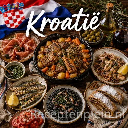 Kroatische keuken met visgerechten, stoofpotten, mediterrane specialiteiten en traditionele gerechten uit Kroatië op een rustieke houten tafel