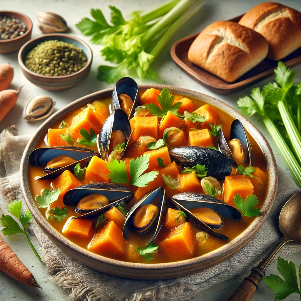 Kumara-Mosselsoep met Zoete Aardappel en Selderij