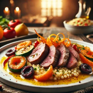 Lamsfilet met Sinaasappelsaus en Parel Couscous