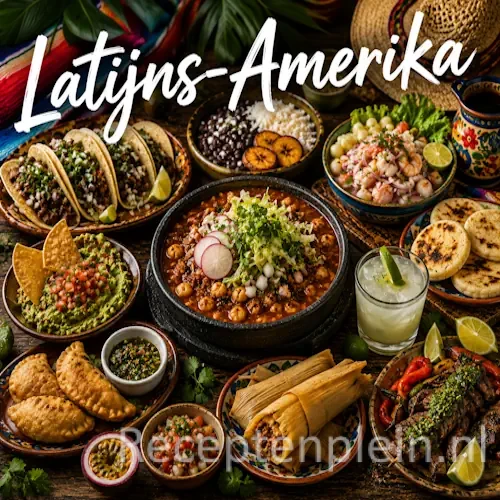 Latijns-Amerikaanse keuken met taco's, ceviche, feijoada en traditionele gerechten uit Latijns-Amerika op een rustieke houten tafel