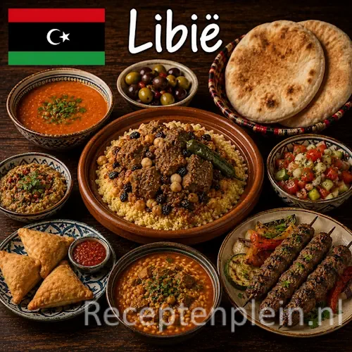 Libische keuken met couscous, stoofgerechten, rijstgerechten en traditionele gerechten uit Libië op een rustieke houten tafel