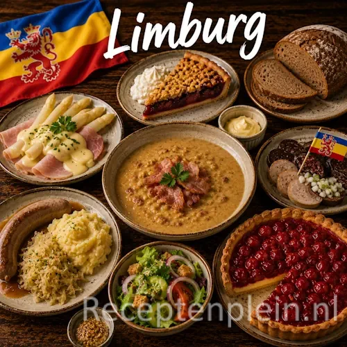 Limburgse keuken met zuurvlees, asperges, Limburgse vlaai en traditionele streekgerechten uit Limburg op een rustieke houten tafel