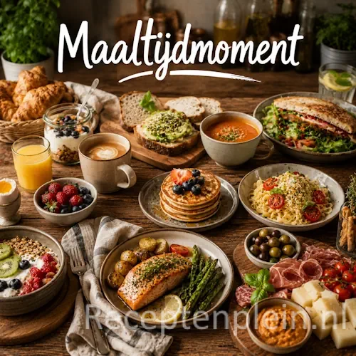 Maaltijdmoment met ontbijt, lunch, brunch, diner, hapjes en andere eetmomenten op een houten tafel