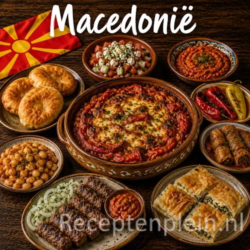 Macedonische keuken met tavče gravče, ajvar, Balkan-specialiteiten en traditionele gerechten uit Macedonië op een rustieke houten tafel