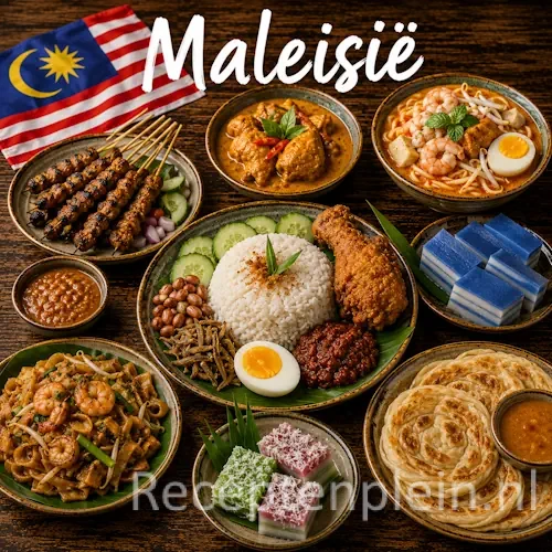 Maleisische keuken met nasi lemak, saté, laksa en traditionele gerechten uit Maleisië op een rustieke houten tafel