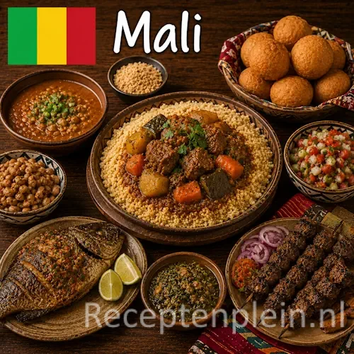 Malinese keuken met rijstgerechten, tigadèguèna, stoofpotten en traditionele gerechten uit Mali op een rustieke houten tafel