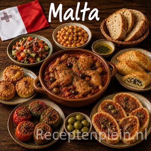 Maltese keuken met pastizzi, konijnstoofpot, visgerechten en traditionele gerechten uit Malta op een rustieke houten tafel