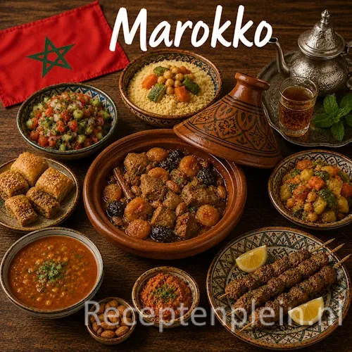 Marokkaanse keuken met tajine, couscous, harira en traditionele gerechten uit Marokko op een rustieke houten tafel