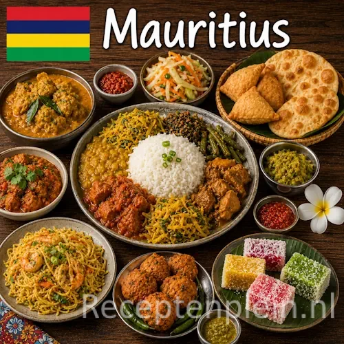 Mauritiaanse keuken met rijst, vis, curry en tropische ingrediënten op een kleurrijke tafel