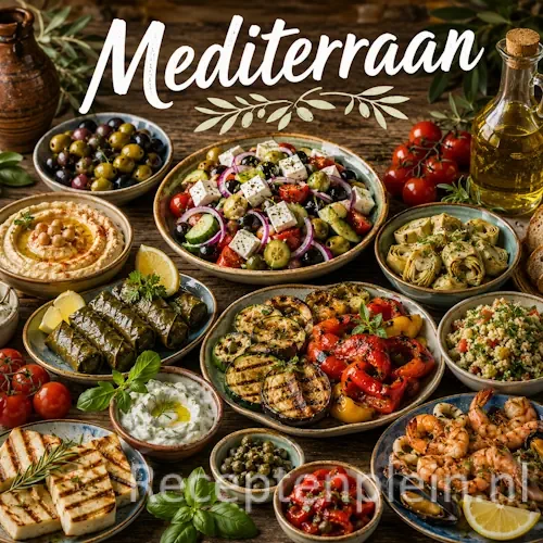 Mediterrane keuken met tapas, vis, groenten, olijven en mediterrane gerechten op een houten tafel