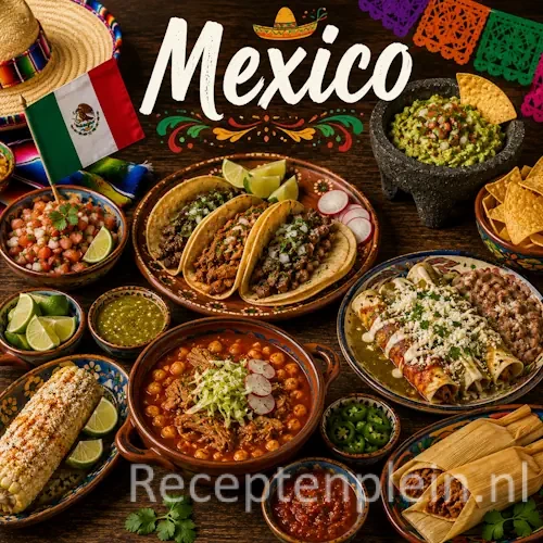 Mexicaanse keuken met taco's, salsa's, avocado, bonen en traditionele Mexicaanse gerechten op een houten tafel