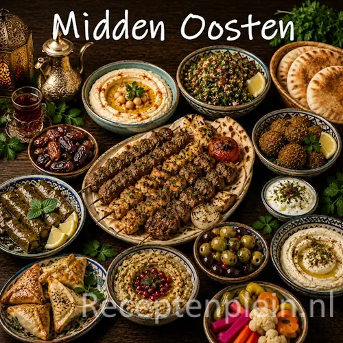 Midden-Oosterse keuken met hummus, falafel, mezze, brood en traditionele gerechten op een houten tafel