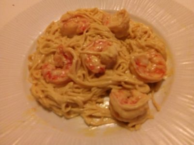Mihoen met gamba’s in kerriesaus