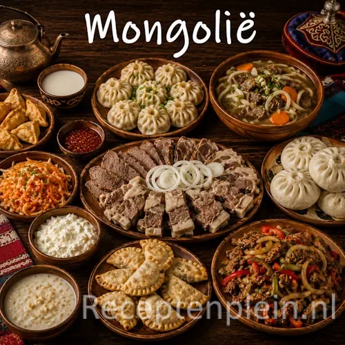 Mongoolse keuken met dumplings, noedels, vleesgerechten en traditionele Mongoolse gerechten op een houten tafel