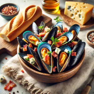 Mosselen uit Auvergne met Roquefort en Spekblokjes