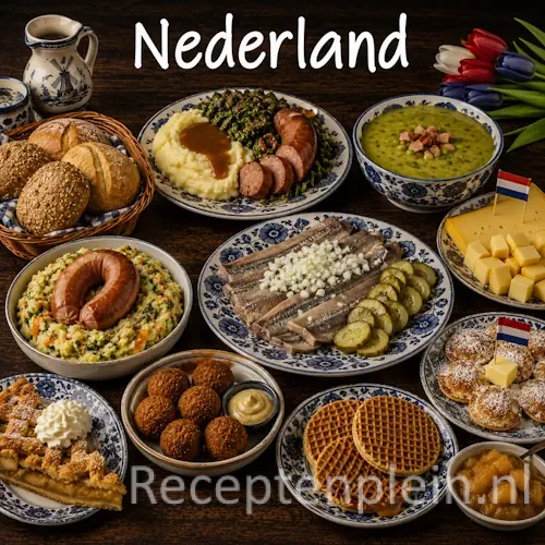 Nederlandse keuken met stamppot, kaas, brood en traditionele Nederlandse gerechten op een houten tafel