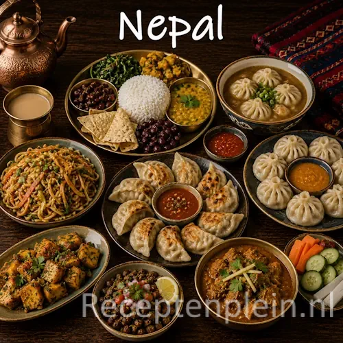 Nepalese keuken met momo's, rijst, curry's en traditionele Nepalese gerechten op een houten tafel
