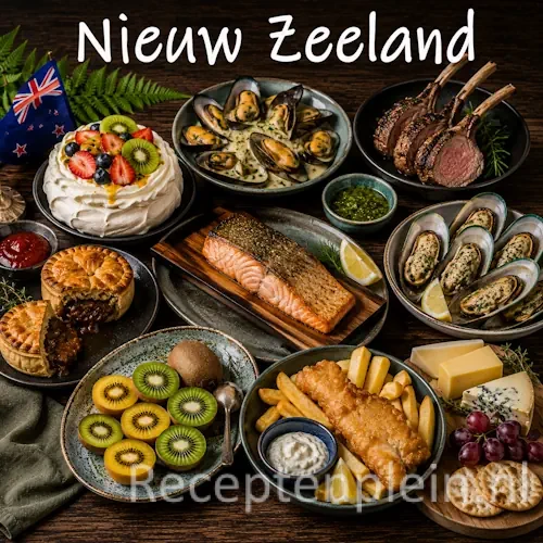 Nieuw-Zeelandse keuken met seafood, lamsvlees, pavlova en traditionele Nieuw-Zeelandse gerechten op een houten tafel