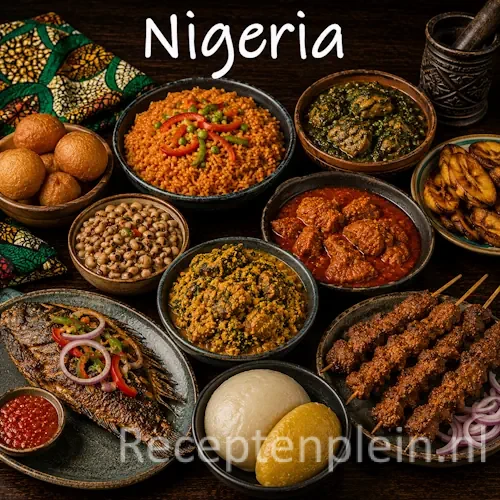 Nigeriaanse keuken met jollof rice, suya, stoofgerechten en traditionele Nigeriaanse gerechten op een houten tafel