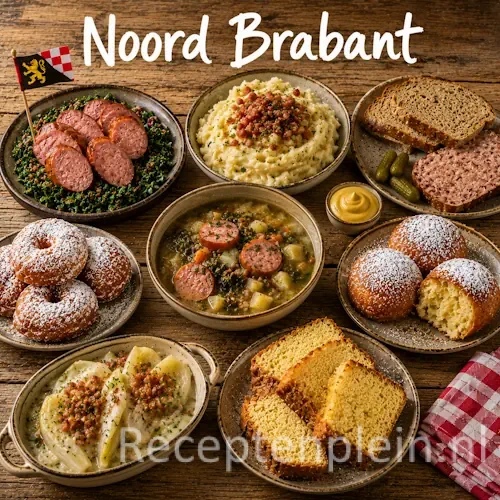 Brabantse keuken met worstenbroodjes, asperges en traditionele Brabantse gerechten op een houten tafel
