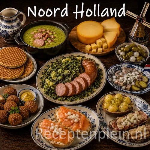 Noord-Hollandse keuken met haring, kaas en traditionele Noord-Hollandse gerechten op een houten tafel