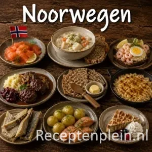 Noorse keuken met zalm, kabeljauw, bessen en traditionele Noorse gerechten op een houten tafel