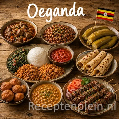 Oegandese keuken met matoke, groenten, vis en traditionele Oegandese gerechten op een houten tafel