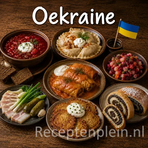 Oekraïense keuken met borsjtsj, varenyky, brood en traditionele Oekraïense gerechten op een houten tafel