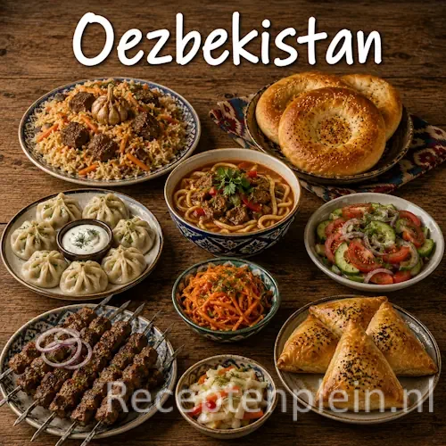 Oezbeekse keuken met plov, samsa, brood en traditionele Oezbeekse gerechten op een houten tafel