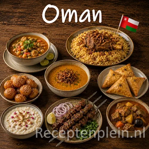 Omaanse keuken met rijst, dadels, vleesgerechten en traditionele Omaanse gerechten op een houten tafel