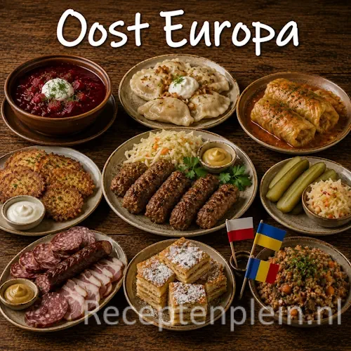 Oost-Europese keuken met borsjtsj, goulash, brood en traditionele Oost-Europese gerechten op een houten tafel