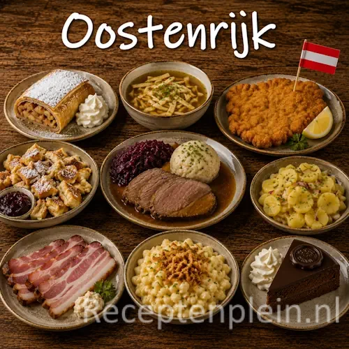 Oostenrijkse keuken met schnitzel, knoedels, apfelstrudel en traditionele Oostenrijkse gerechten op een houten tafel