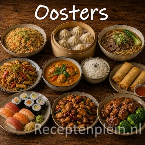 Oosterse keuken met curry's, noedels, rijstgerechten en traditionele Oosterse gerechten op een houten tafel