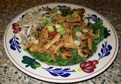 Oosterse wokgerecht met gepluisde kip
