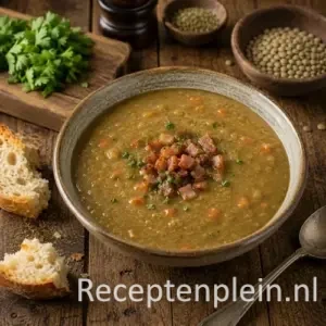 Ouderwetse linzensoep met groenten en spekblokjes in een rustieke soepkom