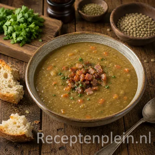 Ouderwetse linzensoep met groenten en spekblokjes in een rustieke soepkom