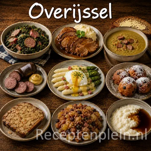 Overijsselse keuken met krentenwegge, streekgerechten en traditionele Overijsselse gerechten op een houten tafel