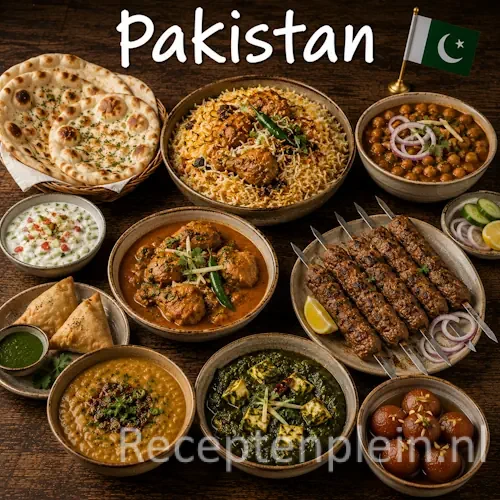 Pakistaanse keuken met biryani, kebabs, curry's en traditionele Pakistaanse gerechten op een houten tafel