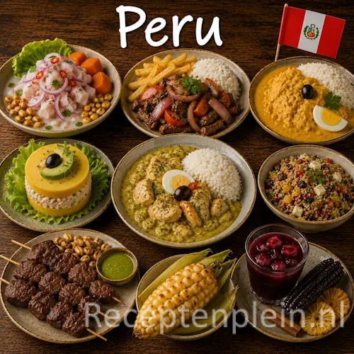 Peruaanse keuken met ceviche, quinoa, aardappelgerechten en traditionele Peruaanse gerechten op een houten tafel