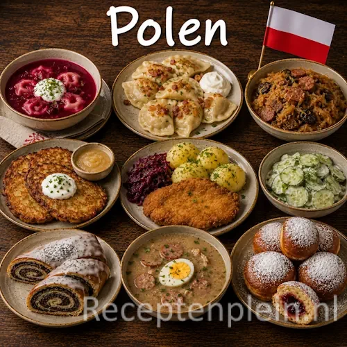 Poolse keuken met pierogi, bigos, traditionele soepen en authentieke Poolse gerechten op een houten tafel