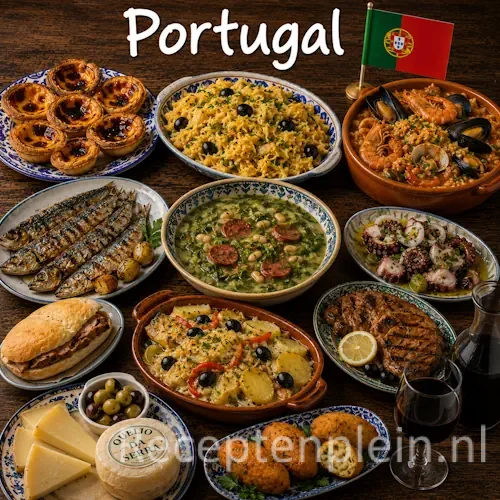 Portugese keuken met bacalhau, sardines, pastel de nata en traditionele Portugese gerechten op een houten tafel