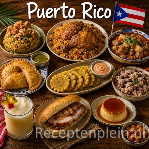 Puerto Ricaanse keuken met mofongo, rijst, bonen, bakbananen en traditionele Puerto Ricaanse gerechten op een houten tafel
